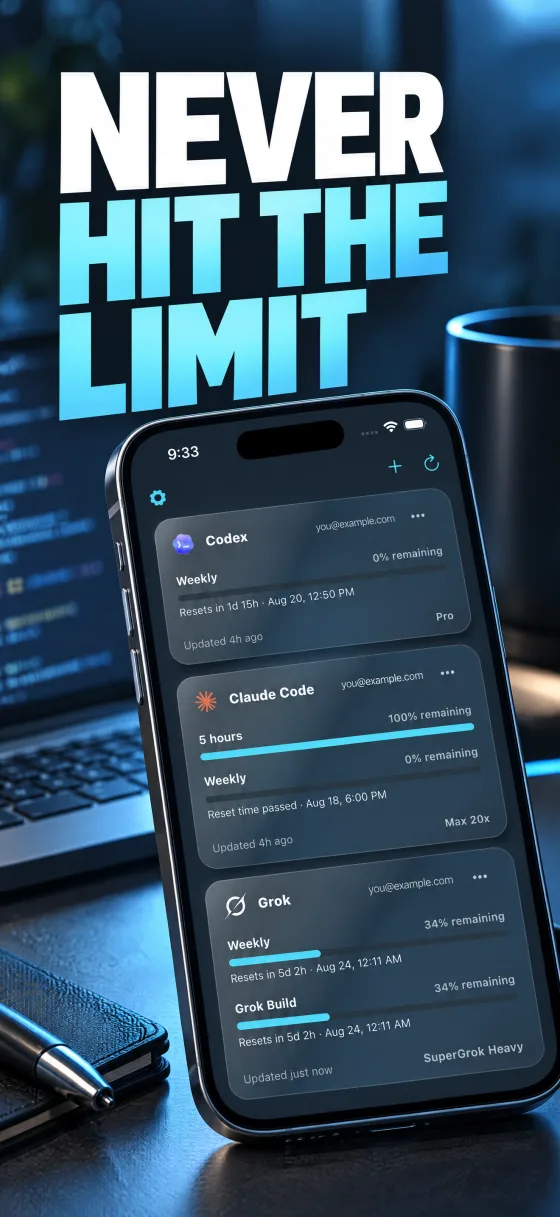 AI Limits Tracker 스토어 스크린샷 — 'All your AI limits. One view.' 헤드라인과 앱 대시보드
