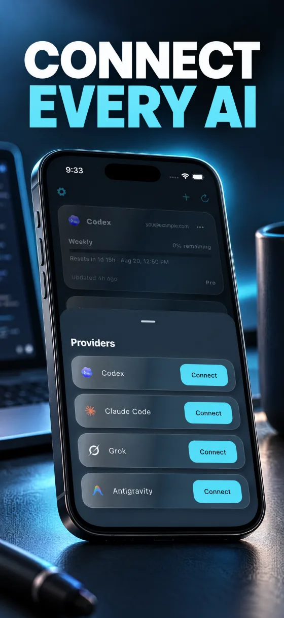 AI Limits Tracker 스토어 스크린샷 — 'Connect them all in one tap.' 헤드라인과 프로바이더 연결 화면