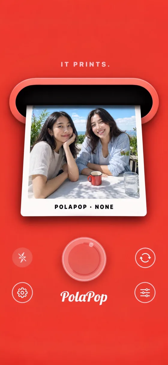 PolaPop 스토어 플레이트 — 'IT PRINTS.' 헤드라인과 디바이스 프레임 속 인화 화면