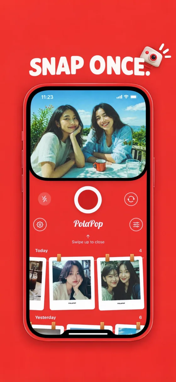 PolaPop 스토어 플레이트 — 'SNAP ONCE.' 헤드라인과 카메라 화면