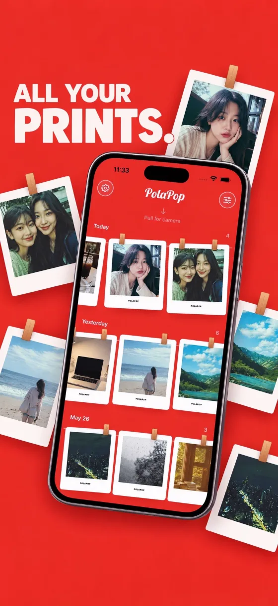 PolaPop 스토어 플레이트 — 'ALL YOUR PRINTS.' 헤드라인과 갤러리 화면